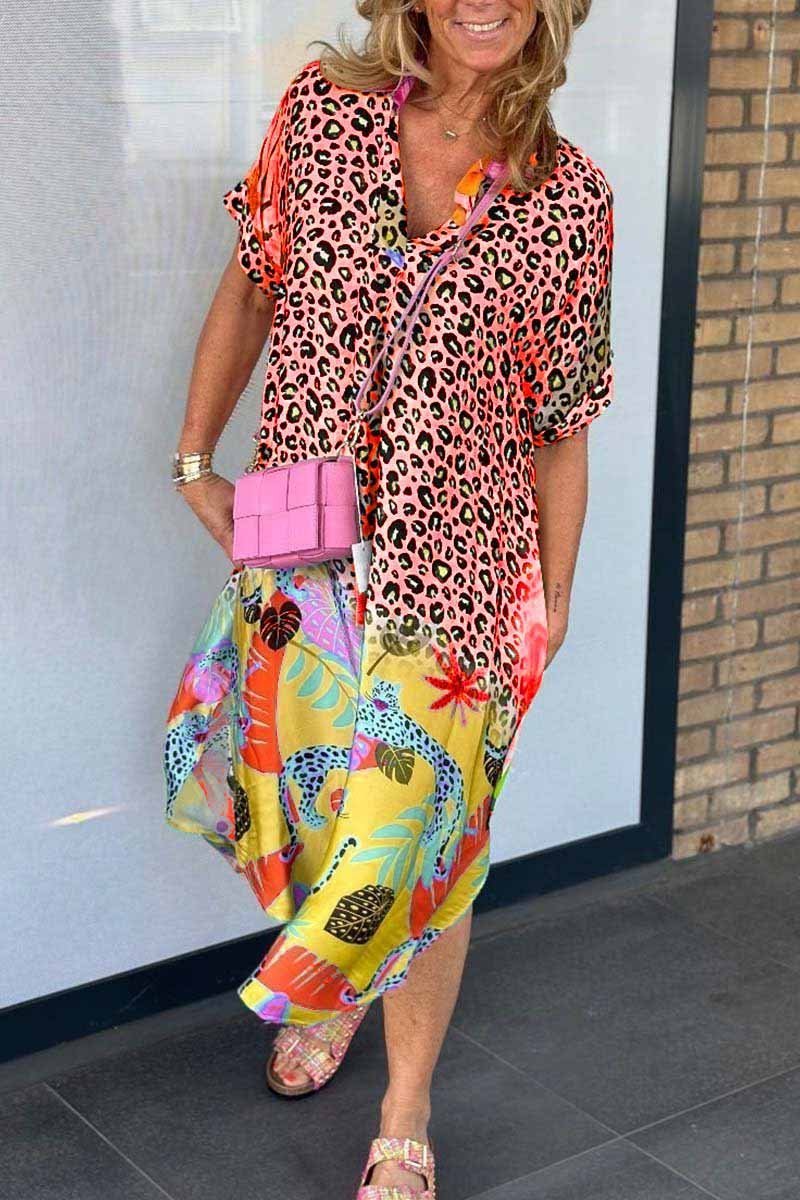 Felicia™ - Leisure Dress with Leopard Print and Short Sleeves
