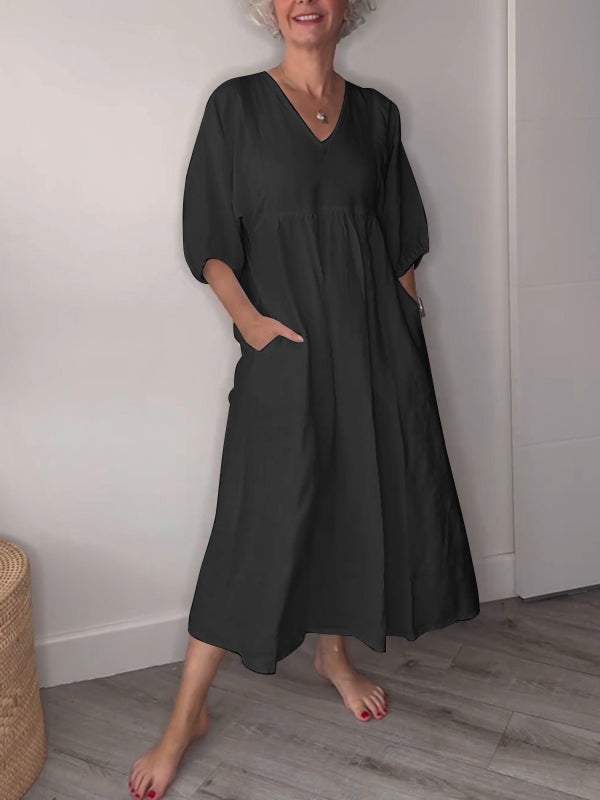 Eeva™ - Casual V-Neck Midi Dress with Pockets
