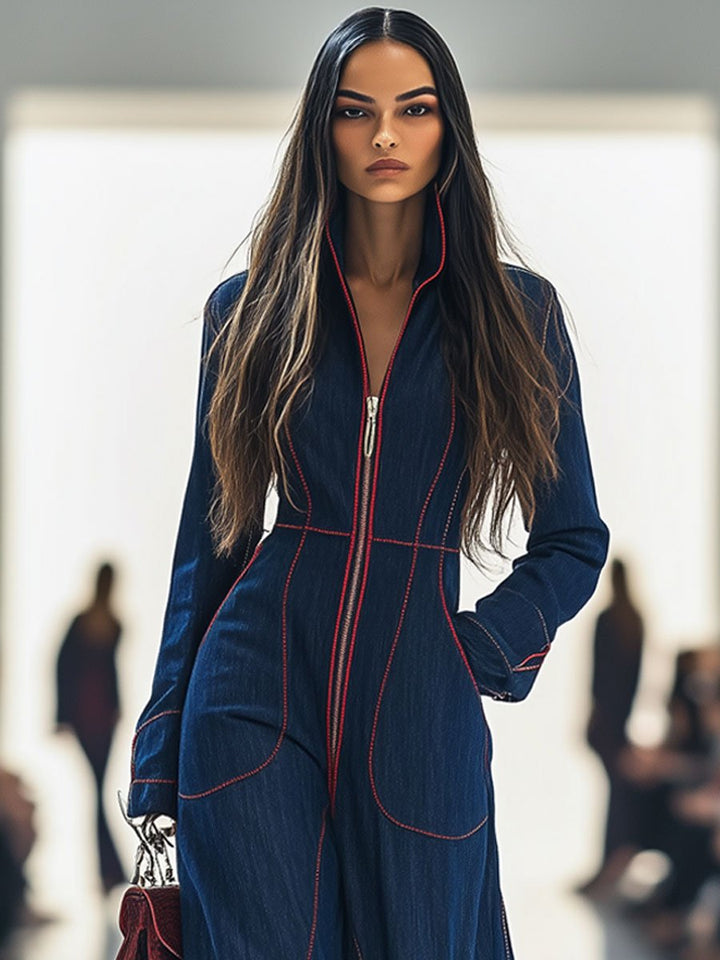 Nicole™ - Retro Red Topstitch Denim Overalls