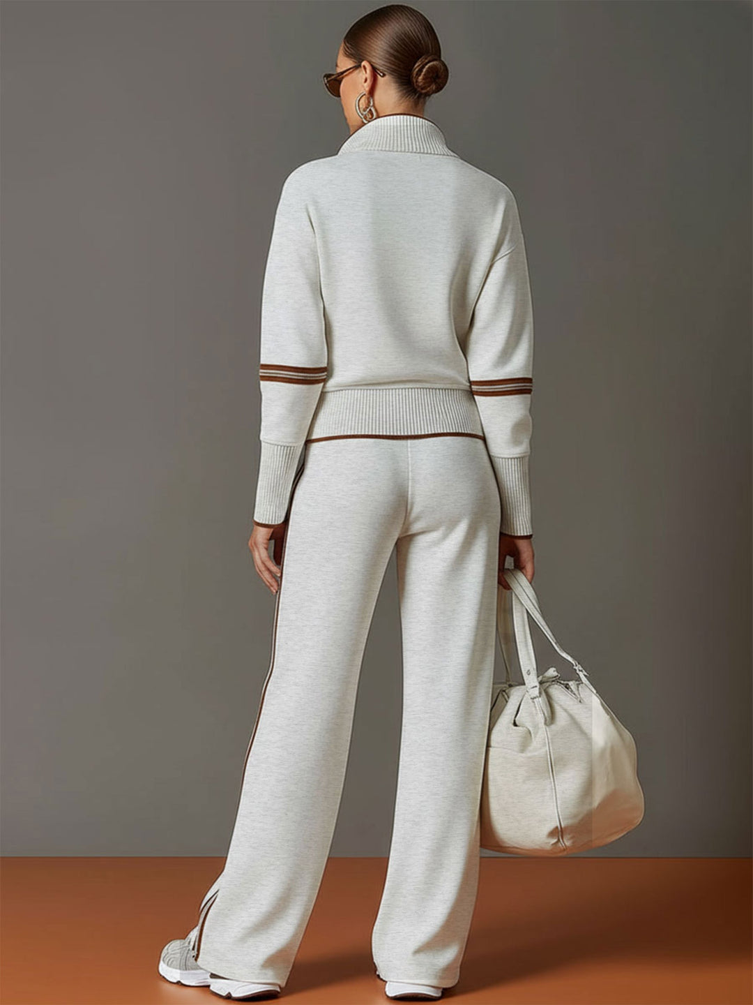 Vintage-Inspired Gray and White Half-Zip Sweatshirt with Wide-Leg Pants Set