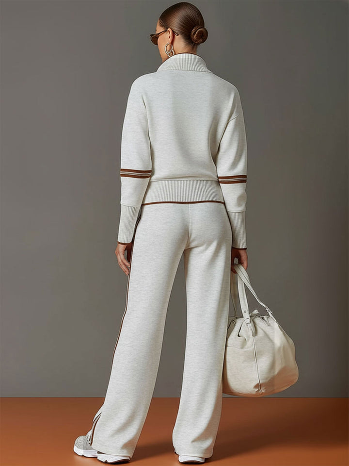 Vintage-Inspired Gray and White Half-Zip Sweatshirt with Wide-Leg Pants Set