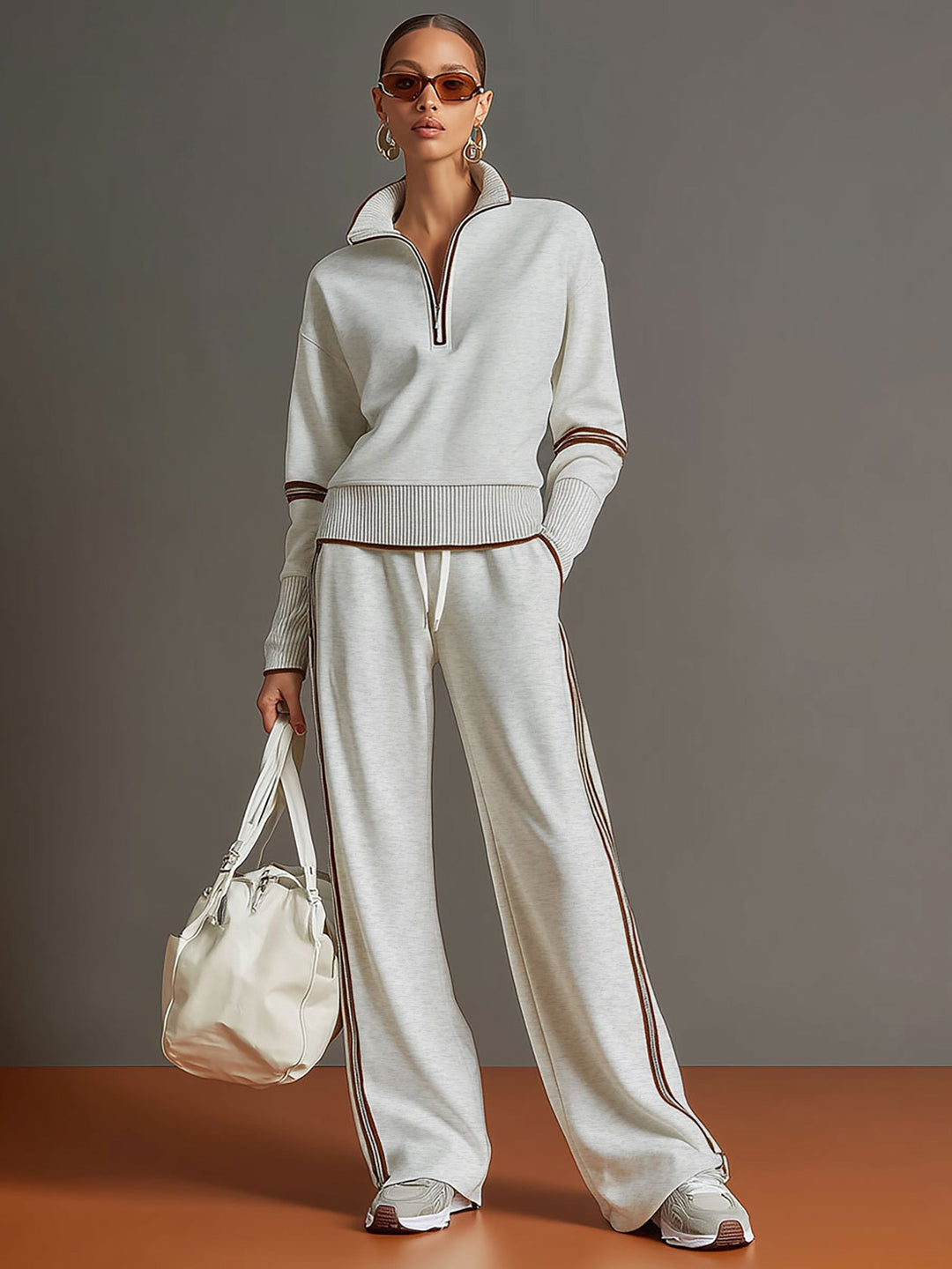 Vintage-Inspired Gray and White Half-Zip Sweatshirt with Wide-Leg Pants Set