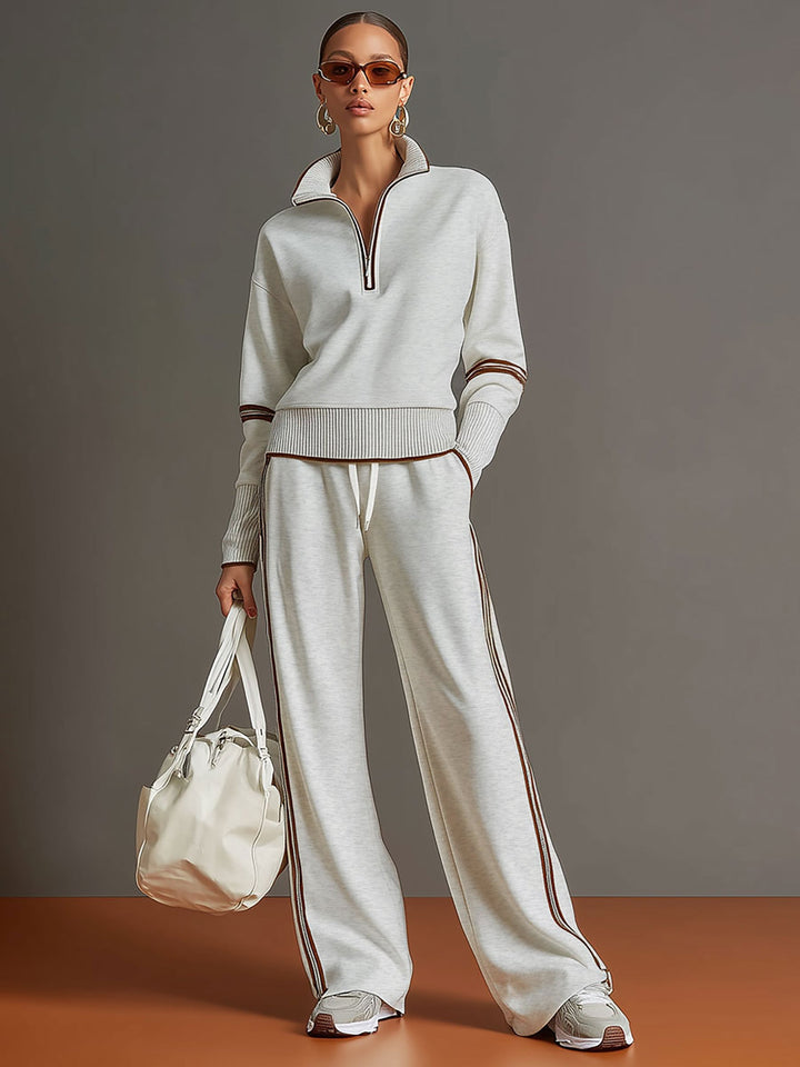 Vintage-Inspired Gray and White Half-Zip Sweatshirt with Wide-Leg Pants Set