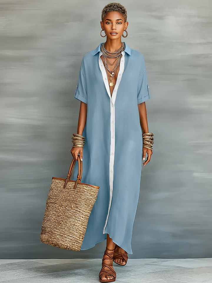 Women's Minimalist Short Sleeve Shirt Maxi Dress