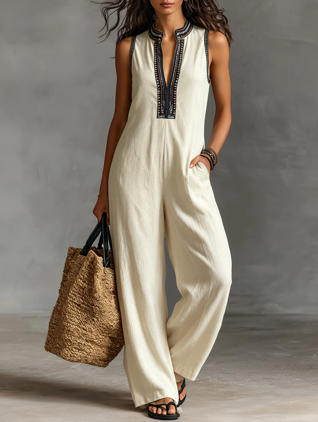 Minimalist, sleeveless women's jumpsuit with a zip-up stand-up collar, decorated with embroidery
