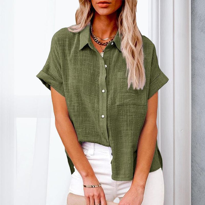 Women's Blouse with Short Sleeves, Pockets, and Buttons