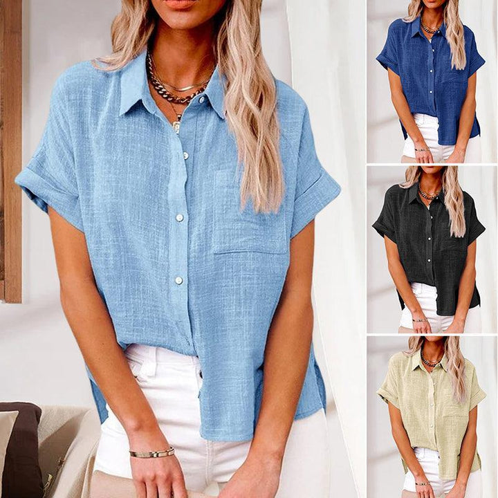 Women's Blouse with Short Sleeves, Pockets, and Buttons