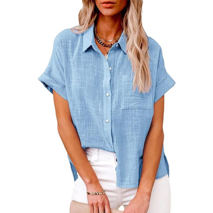 Women's Blouse with Short Sleeves, Pockets, and Buttons