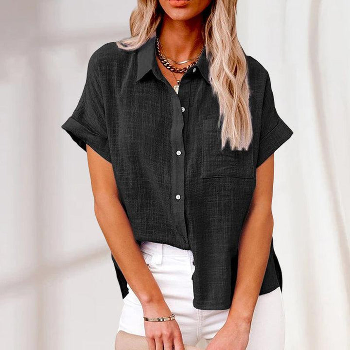 Women's Blouse with Short Sleeves, Pockets, and Buttons