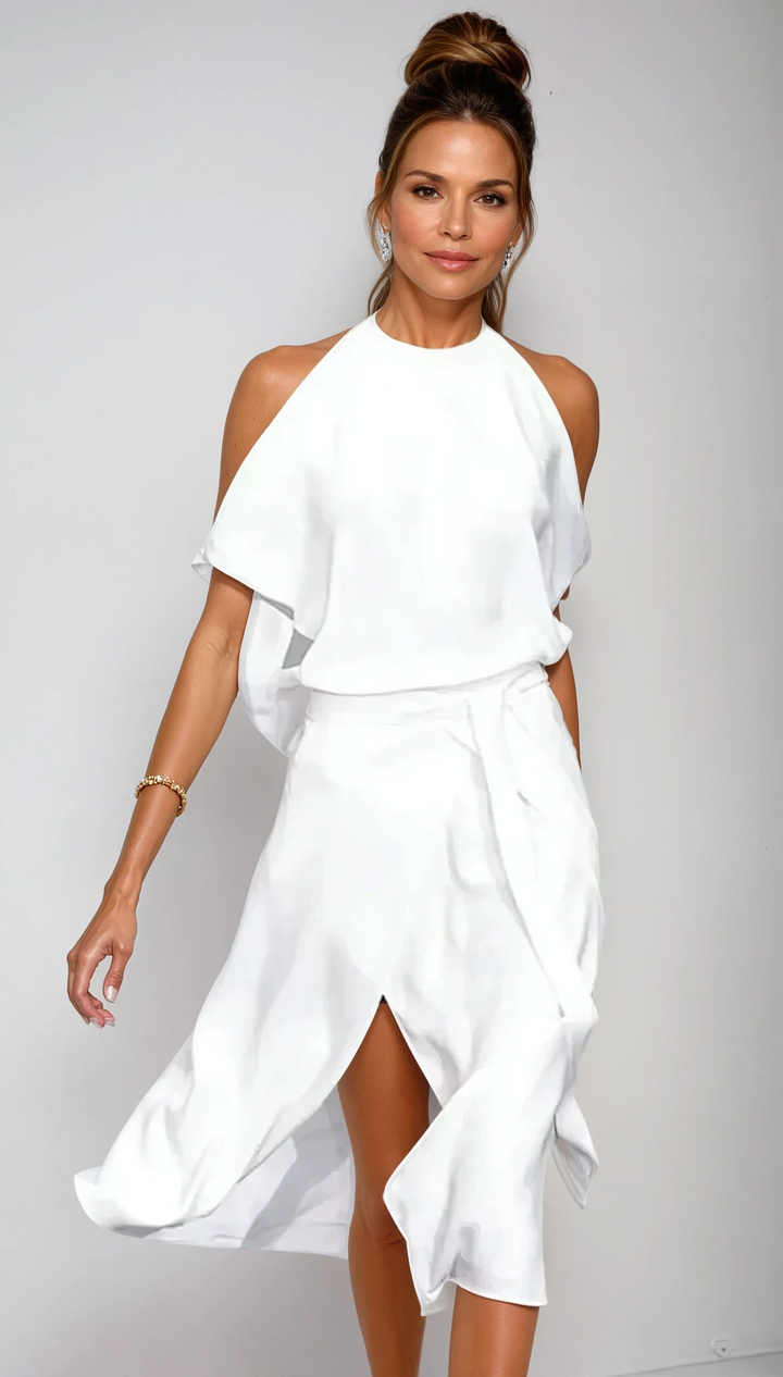 Celestine – Asymmetric Shirt Off-Shoulder Midi Dress
