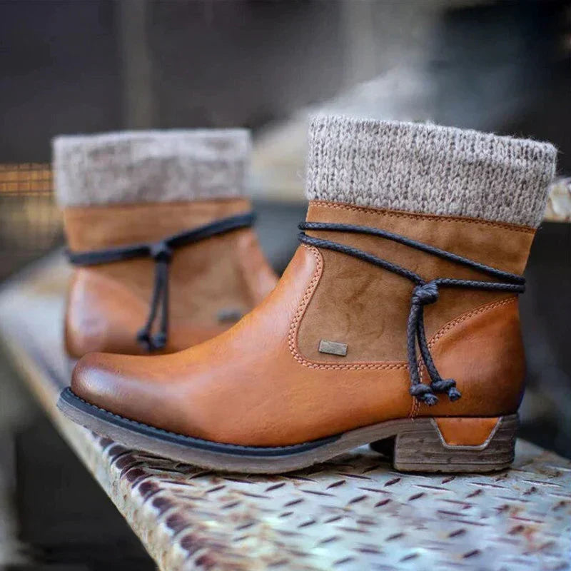 Women's knitted cuff ankle boots with lacing