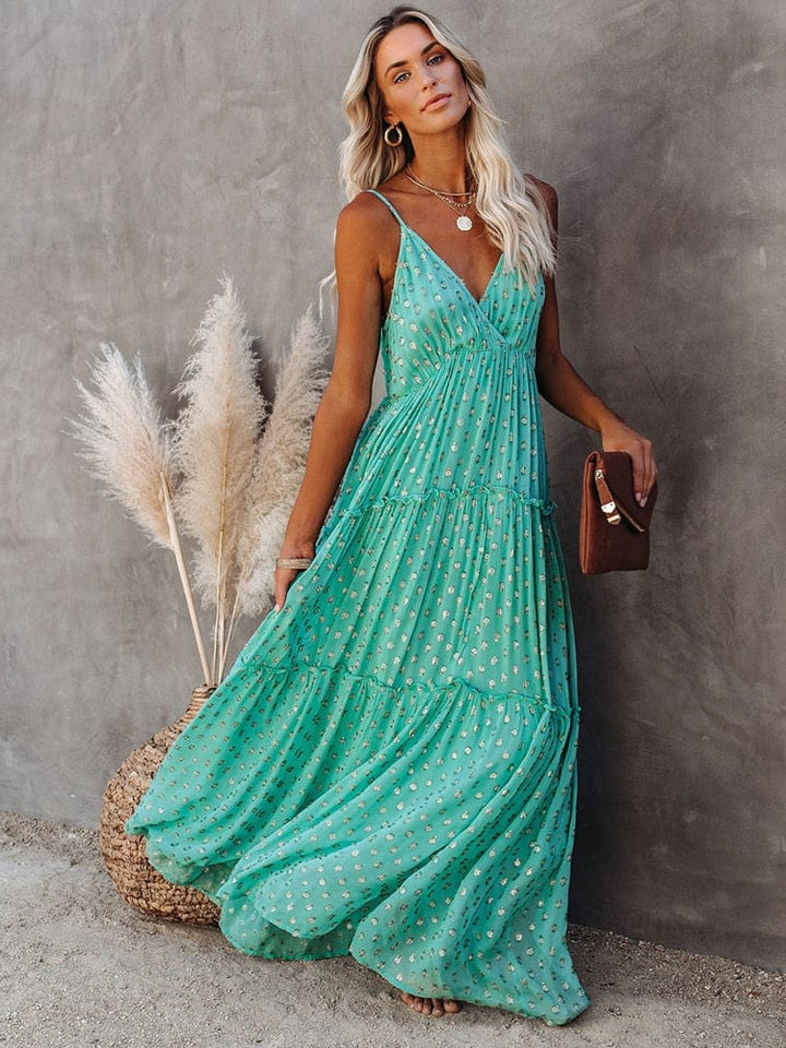 Evi™ Green Maxi Dress With V-Neck And Summery Ibiza Pattern