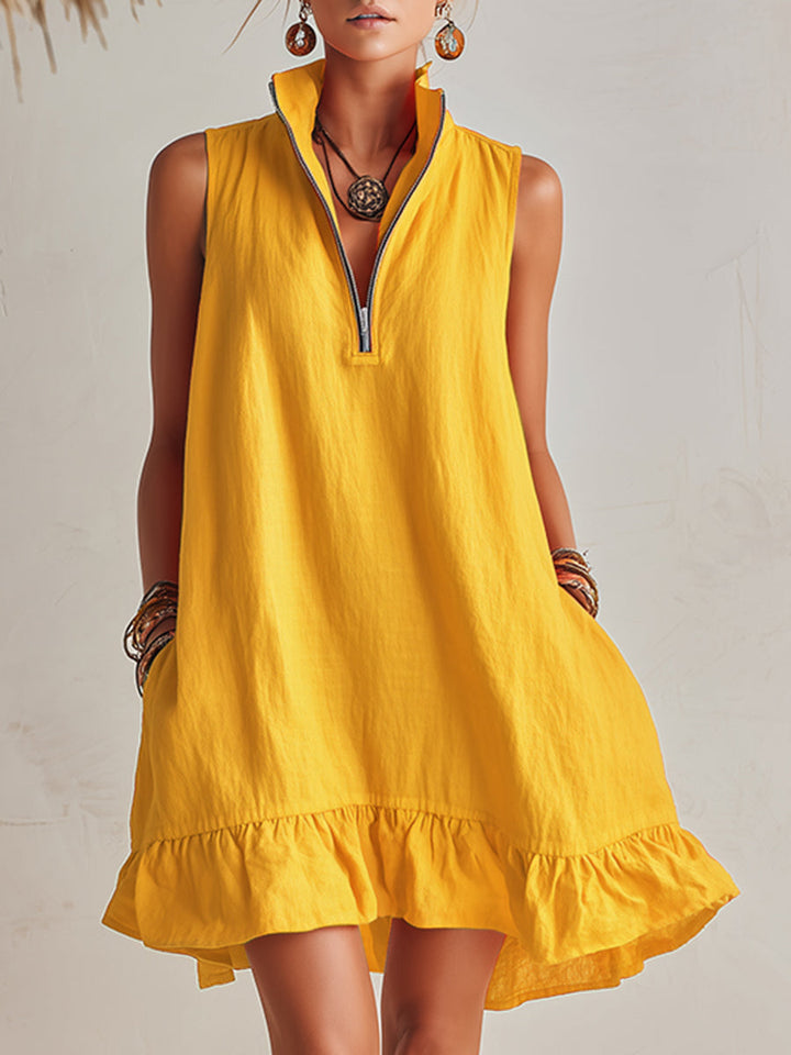 Bright Orange Linen Half-Zip Mini Dress with Ruffle Hem and Stand-Up Collar
