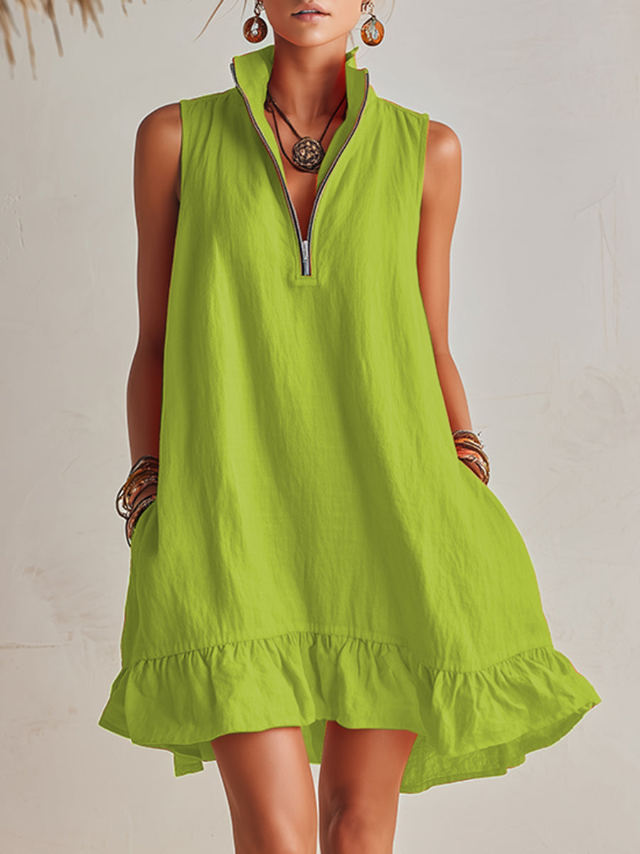 Bright Orange Linen Half-Zip Mini Dress with Ruffle Hem and Stand-Up Collar