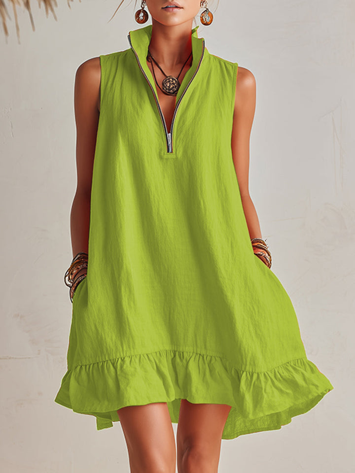 Bright Orange Linen Half-Zip Mini Dress with Ruffle Hem and Stand-Up Collar
