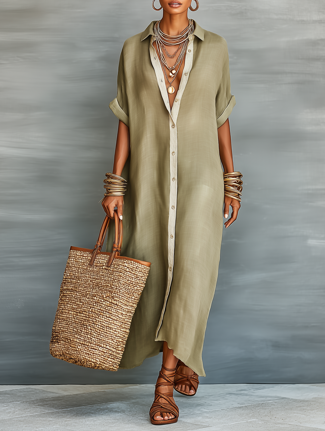 Women's Minimalist Short Sleeve Shirt Maxi Dress
