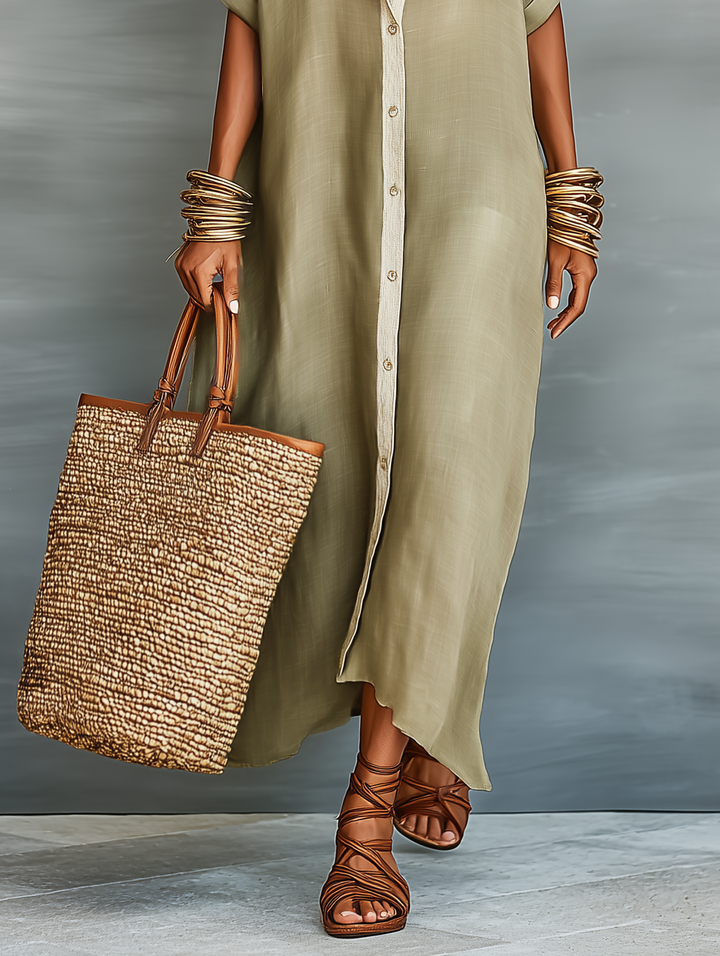 Women's Minimalist Short Sleeve Shirt Maxi Dress