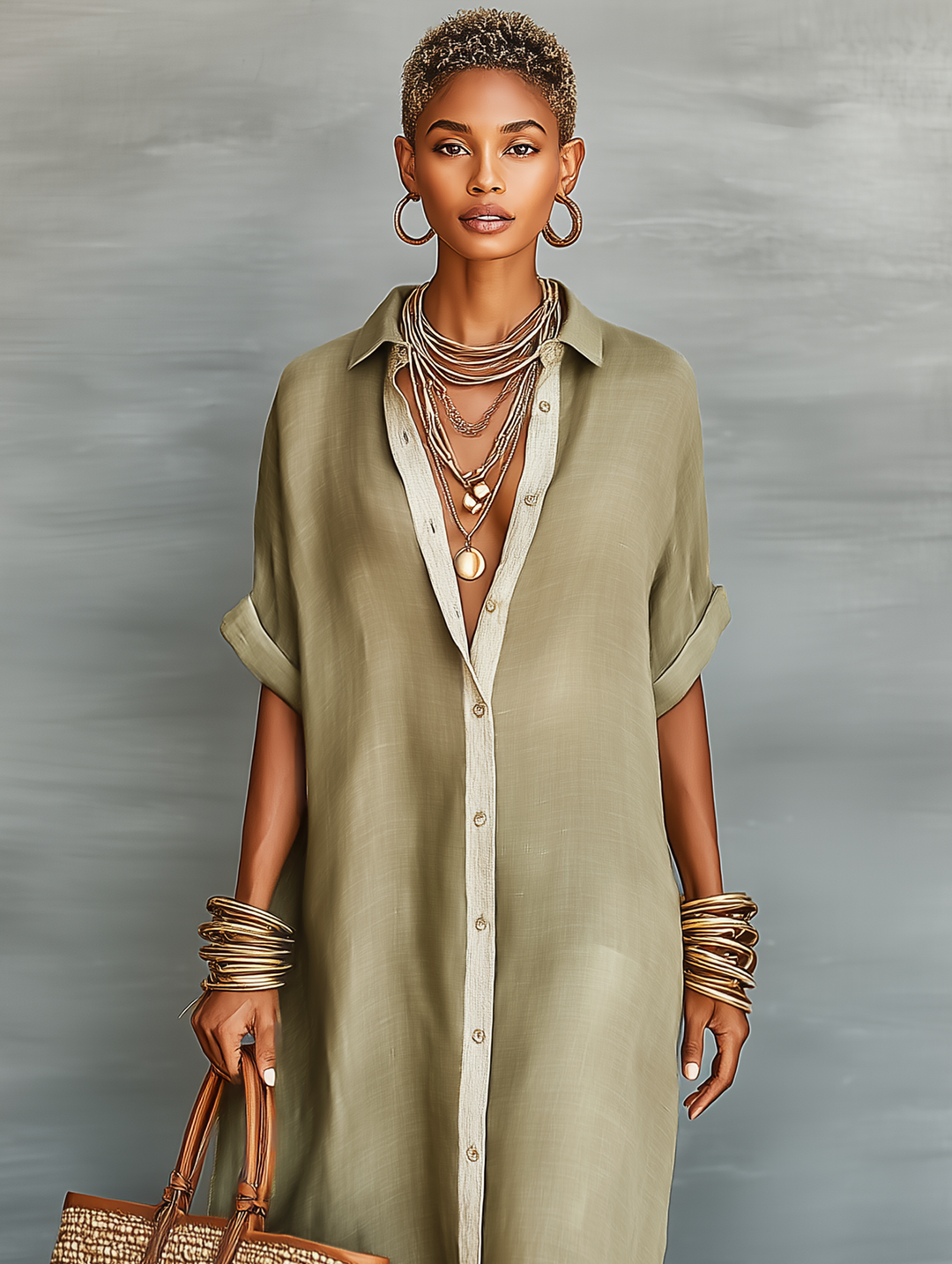 Women's Minimalist Short Sleeve Shirt Maxi Dress
