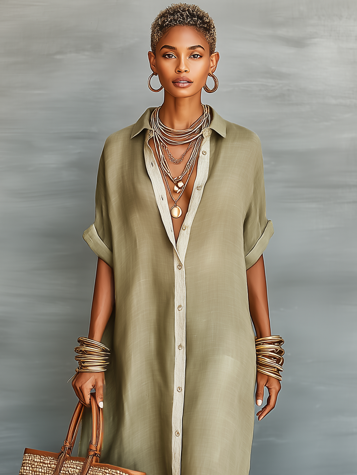 Women's Minimalist Short Sleeve Shirt Maxi Dress