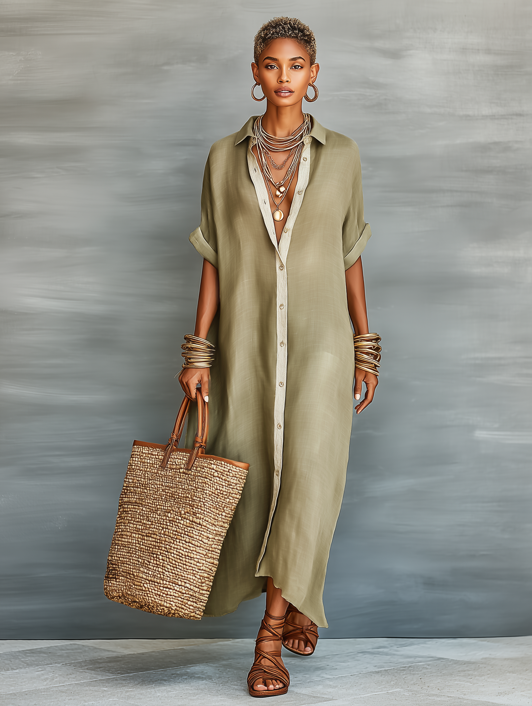 Women's Minimalist Short Sleeve Shirt Maxi Dress