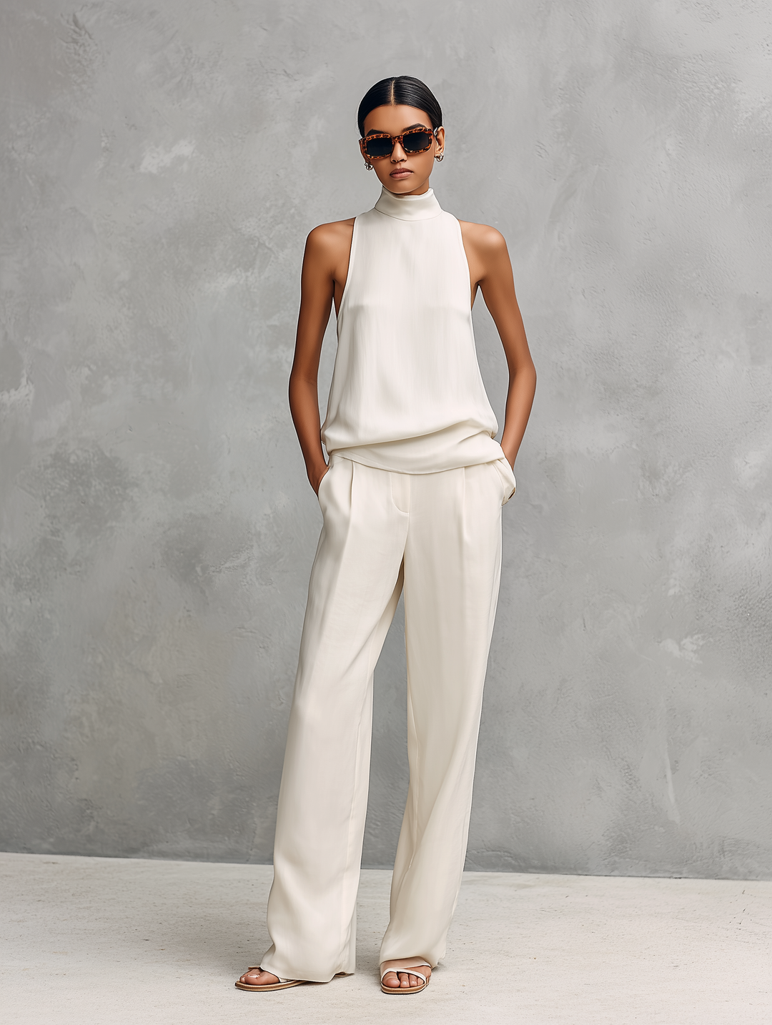 Elegant women's set in black with a round neckline, sleeveless top, and trousers.