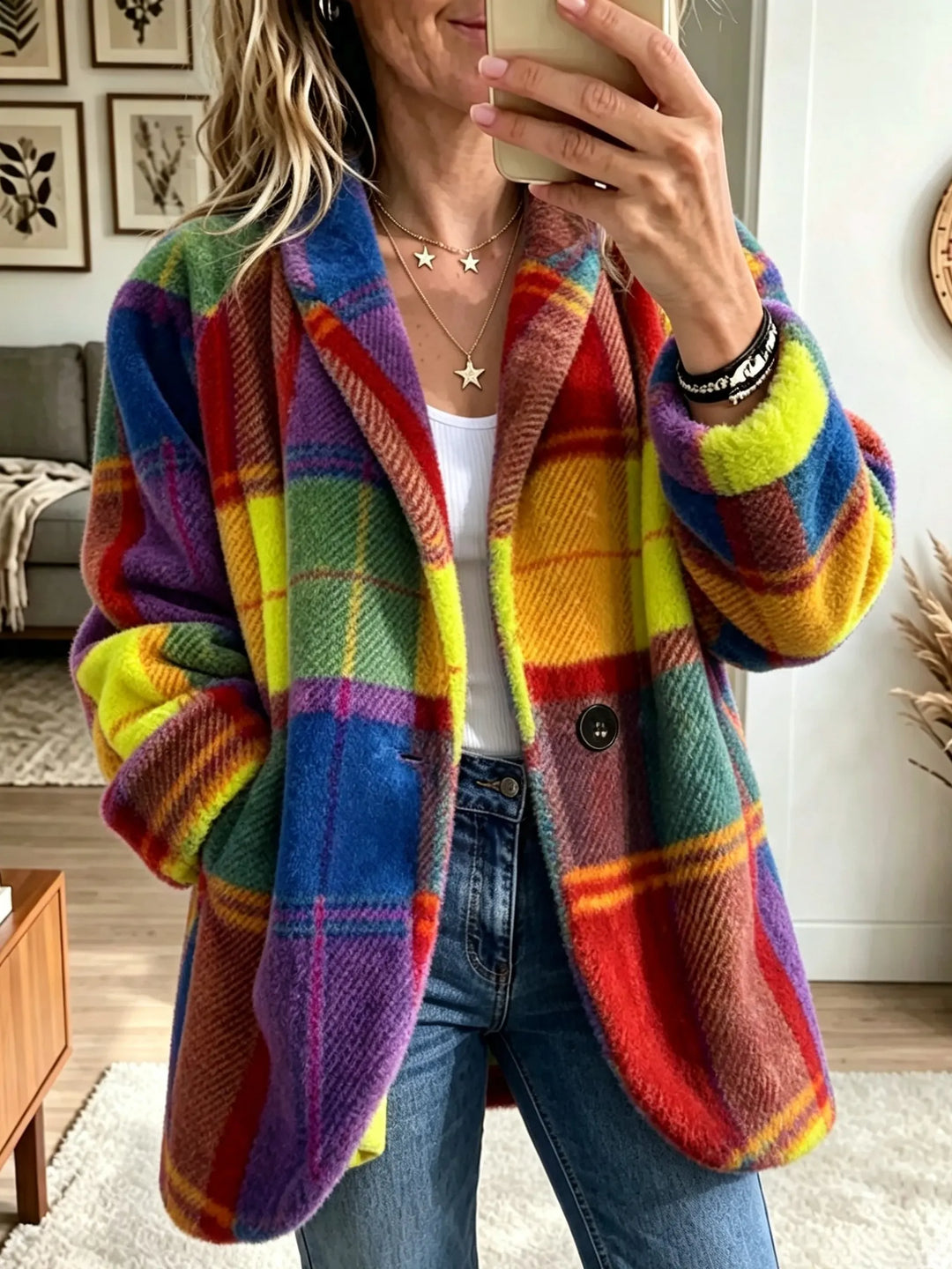 Women's coat with pockets and buttons, plaid pattern, long sleeves