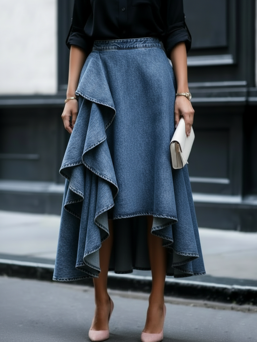 Chic Casual Layered Ruffled Denim Skirt