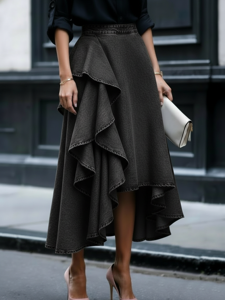 Chic Casual Layered Ruffled Denim Skirt