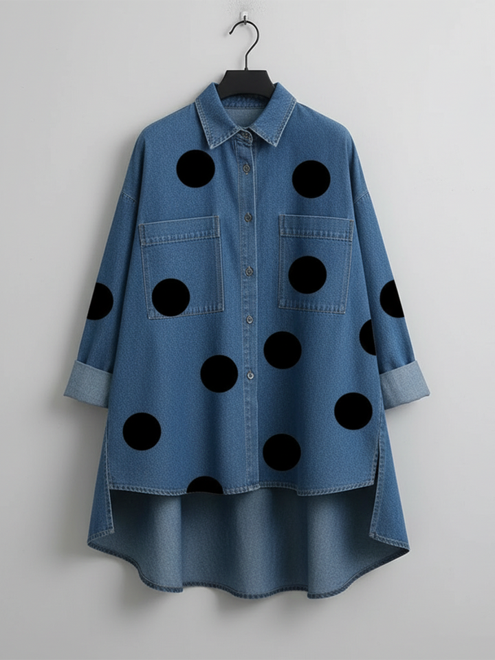 Polka-dot top with long sleeves, pockets, and buttons