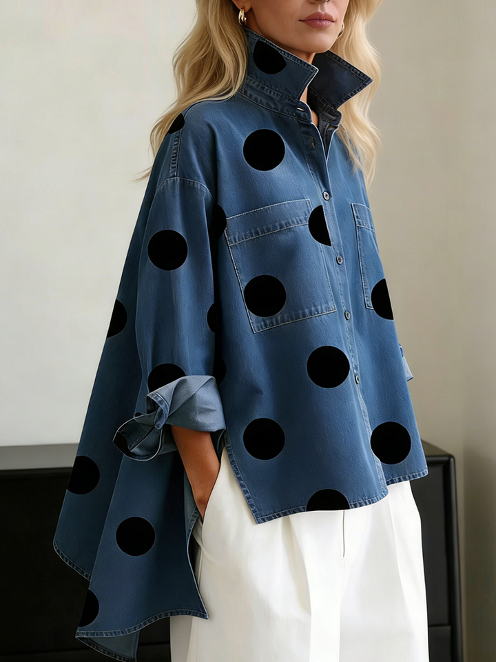 Polka-dot top with long sleeves, pockets, and buttons