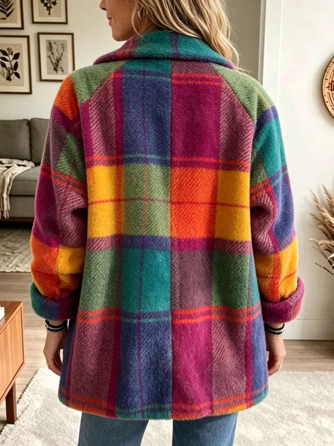 Women's coat with pockets and buttons, plaid pattern, long sleeves