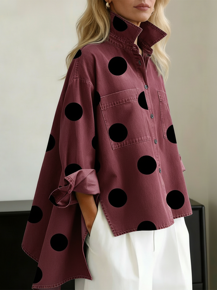 Polka-dot top with long sleeves, pockets, and buttons