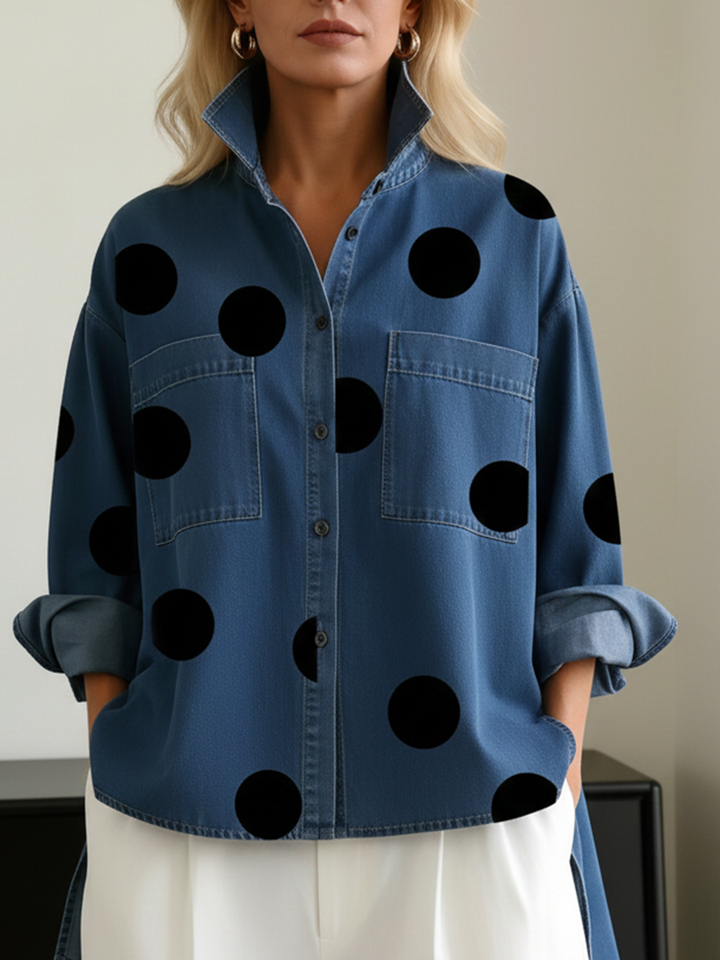 Polka-dot top with long sleeves, pockets, and buttons