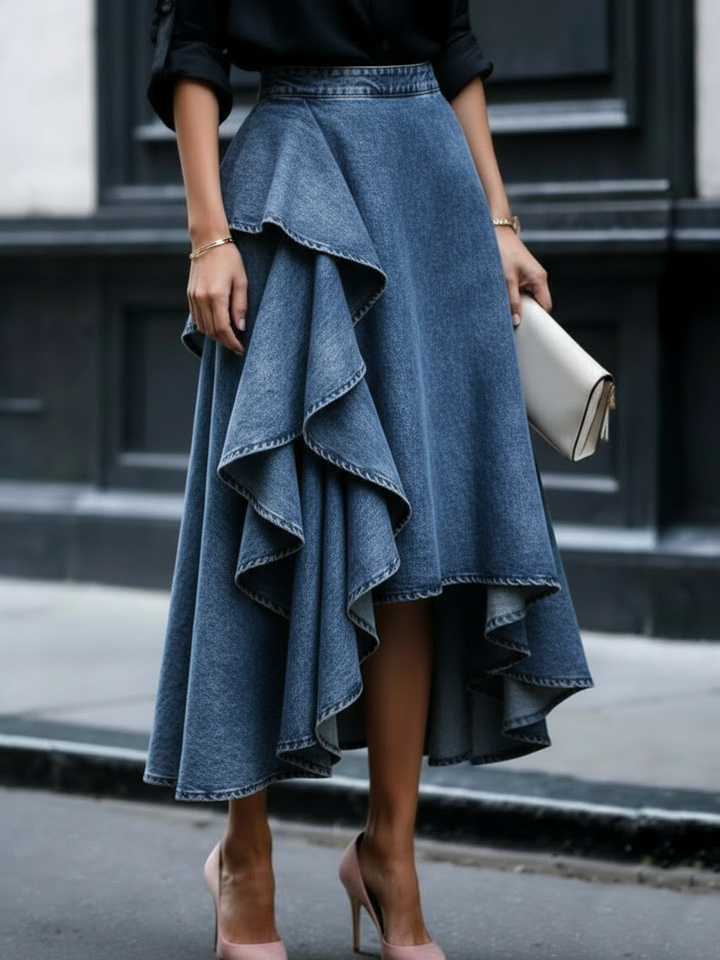 Chic Casual Layered Ruffled Denim Skirt