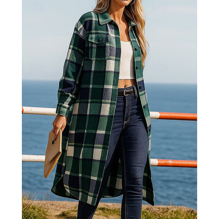 Women's longline coat with a plaid pattern, buttons, and pockets