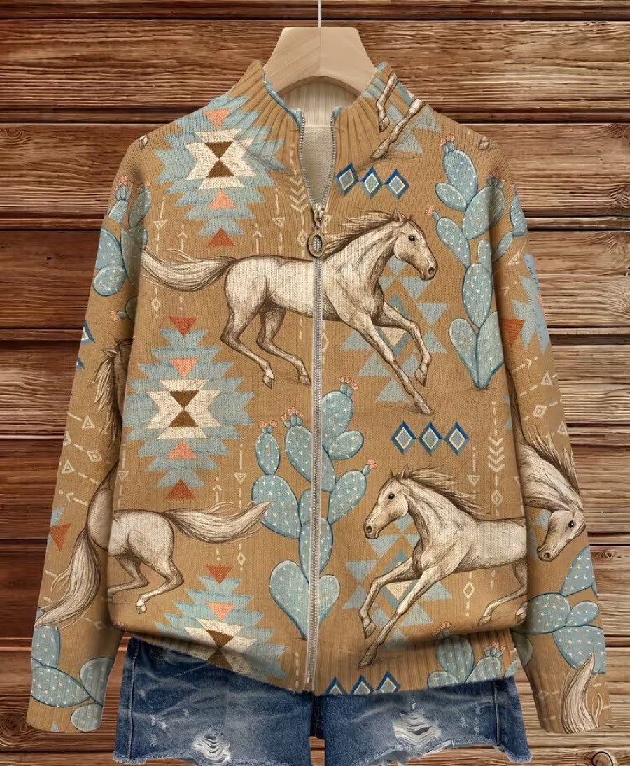 Women's cardigan with Southwestern horse and cactus pattern