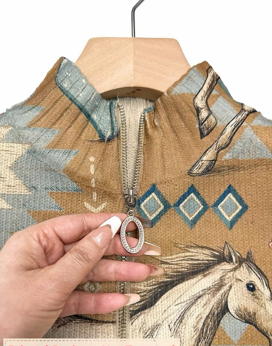 Women's cardigan with Southwestern horse and cactus pattern