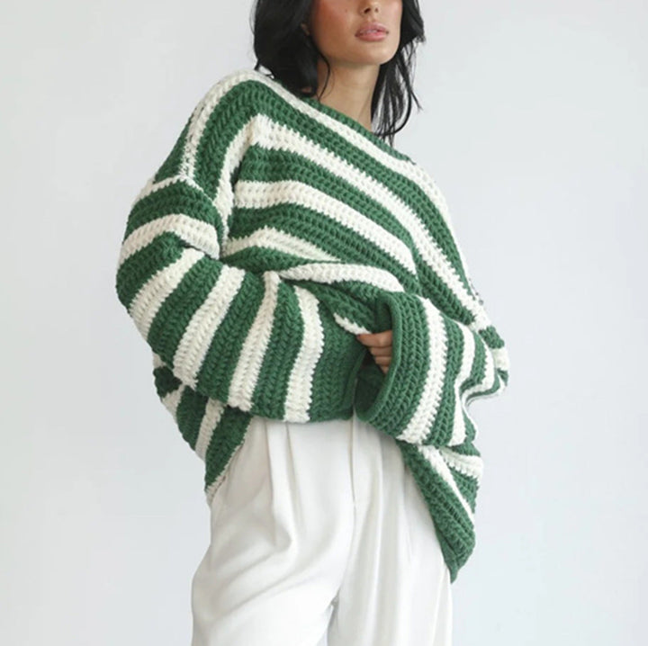 Women's striped pullover with a crew neck and long sleeves