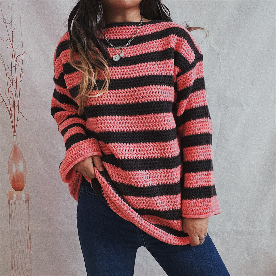 Women's striped pullover with a crew neck and long sleeves