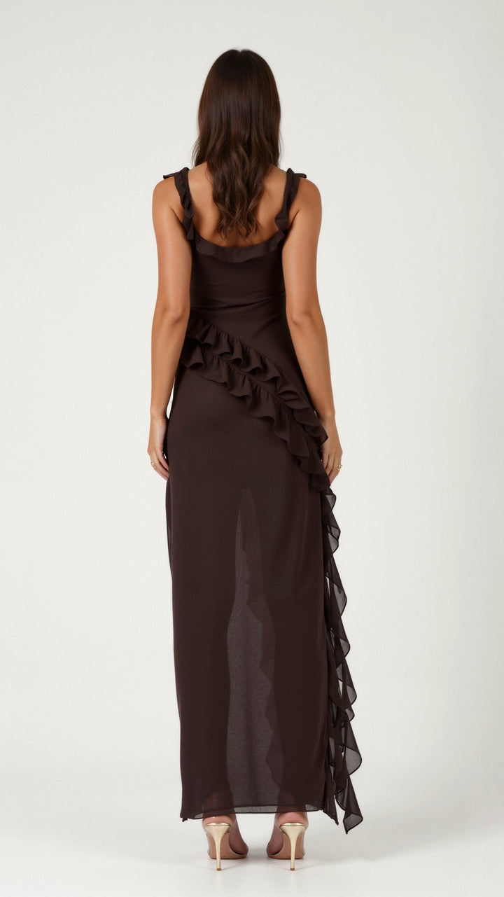 Laura | Damen Maxikleid mit Rüschen und seitlichem Schlitz