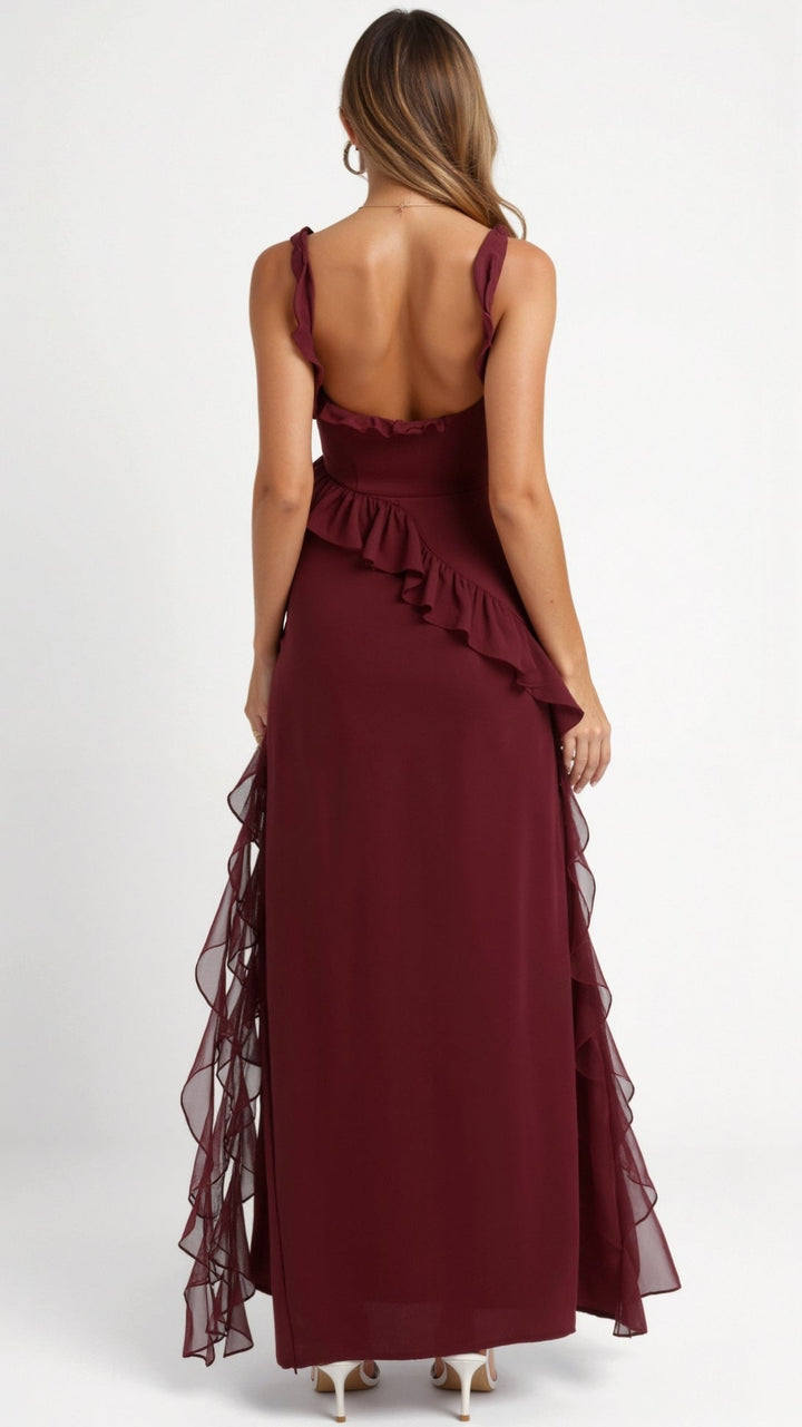 Laura | Damen Maxikleid mit Rüschen und seitlichem Schlitz