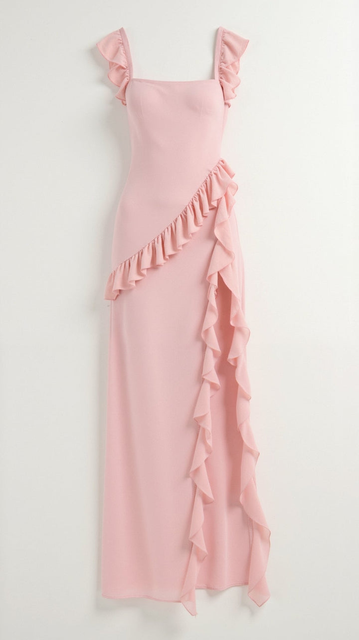 Laura | Damen Maxikleid mit Rüschen und seitlichem Schlitz