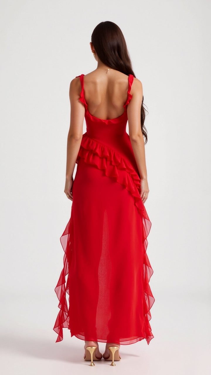 Laura | Damen Maxikleid mit Rüschen und seitlichem Schlitz