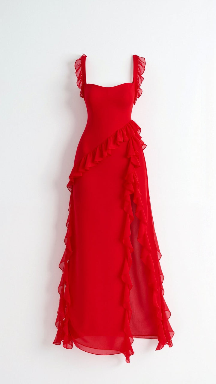 Laura | Damen Maxikleid mit Rüschen und seitlichem Schlitz