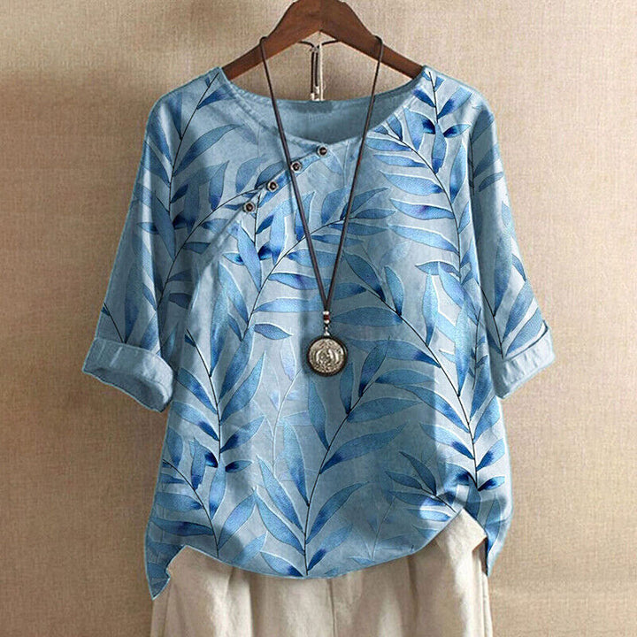 Claudine™ – Blouse with Leaf Print and Button Details