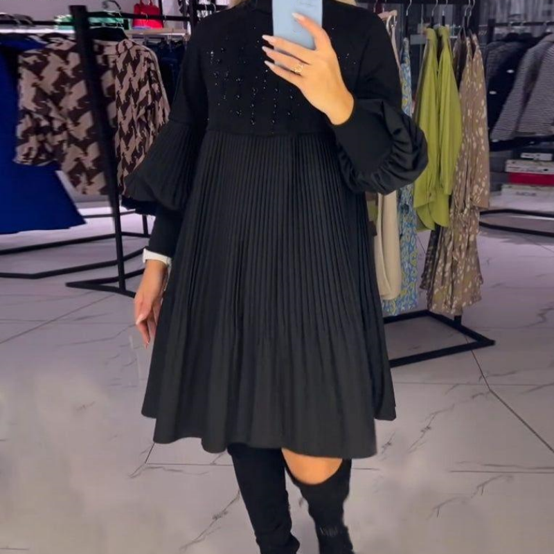 Marlene | Plus-Size Dress with Stand Collar and Lantern Sleeves