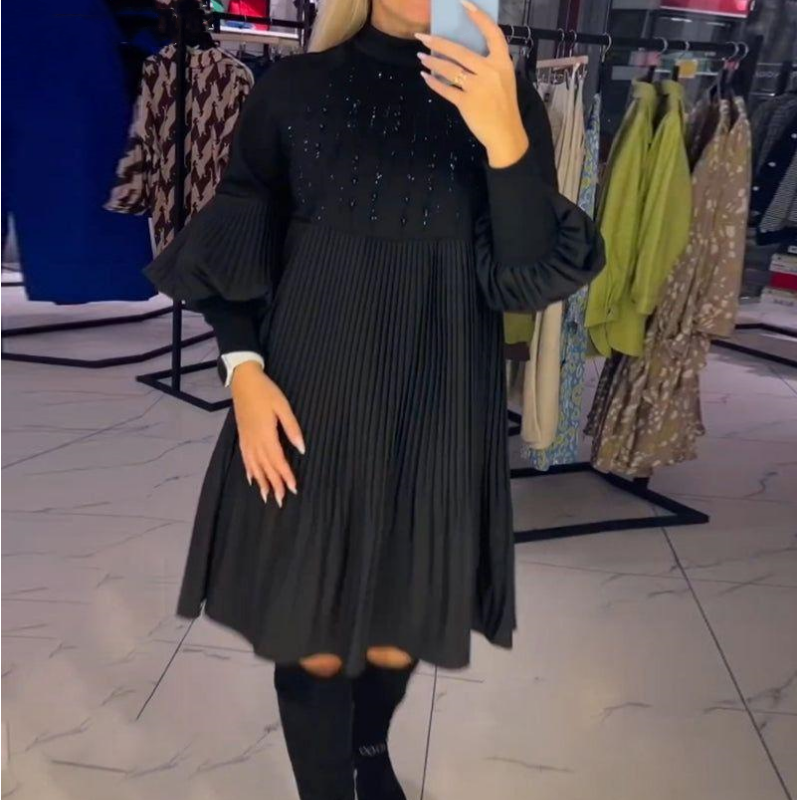 Marlene | Plus-Size Dress with Stand Collar and Lantern Sleeves