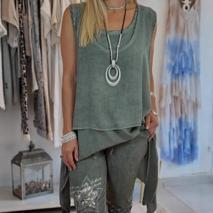 Olive™ - Women's Two-Piece Set: Sleeveless Top and Printed Pants