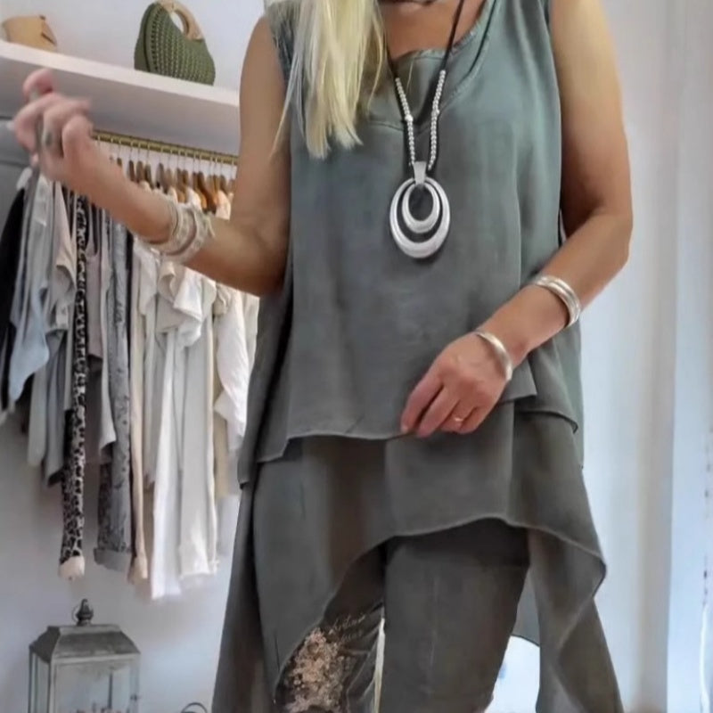 Olive™ - Women's Two-Piece Set: Sleeveless Top and Printed Pants