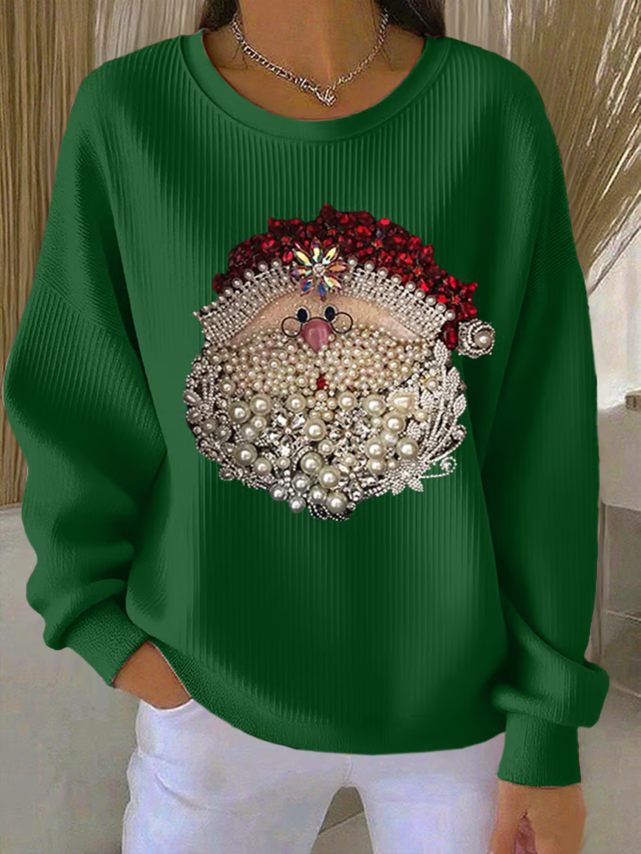 Women's Santa Claus Printed Ribbed Crew Neck Sweatshirt